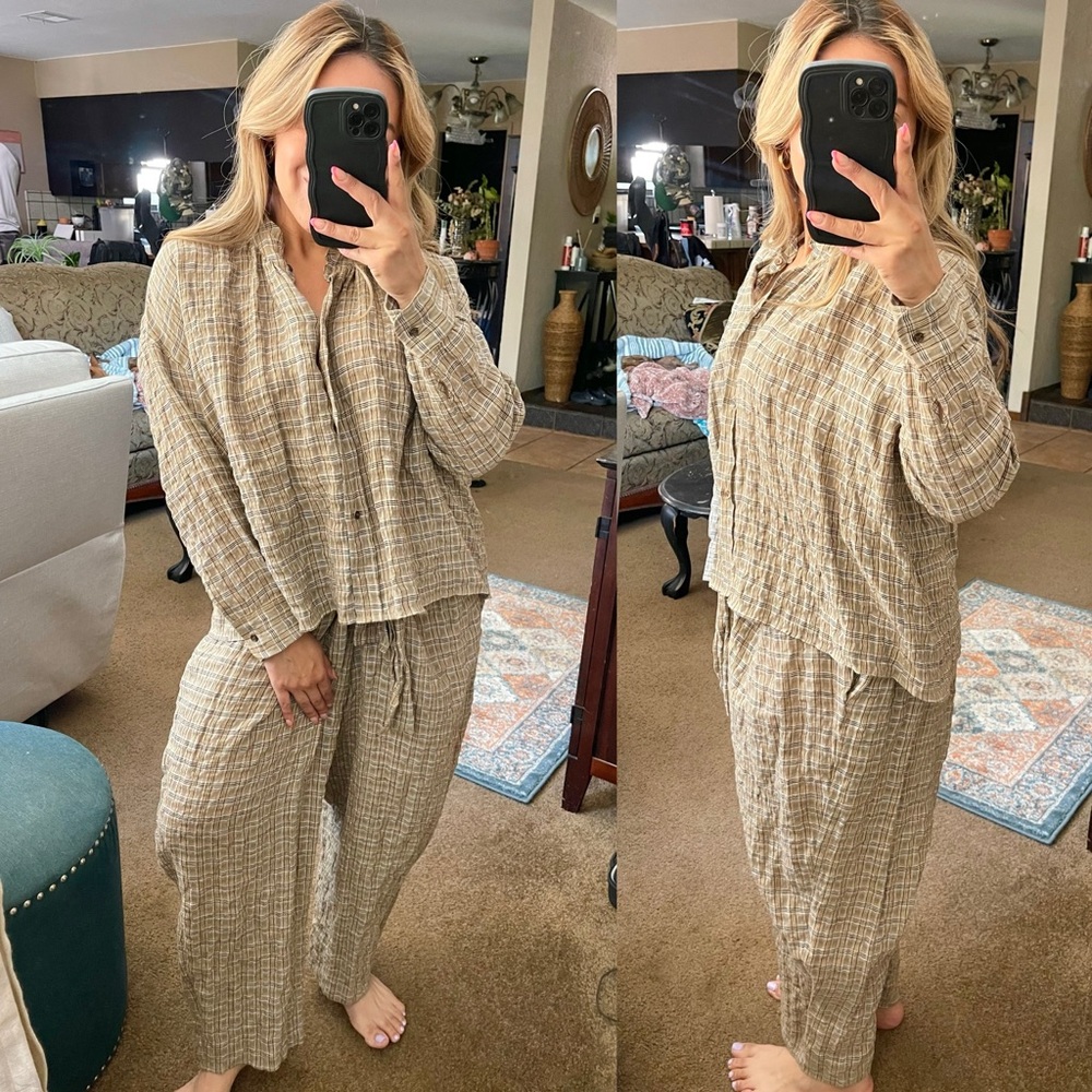 Caron Callahan | Linen Lagenlook Plaid Button Down Top And Pants Size: Large